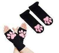 SIROLISA Costume a forma di zampa di gatto, kawaii, per cosplay, kawaii, morbido, 3D, con fagioli, senza dita, zampe di gatto, set per cosplay da donna (guanti corti neri + calzini), Taglia unica