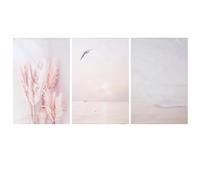 Sirxlevcy 3 Pezzi Beige Erba Tramonto Spiaggia Palma Tela Pittura Poster e Stampe Immagini Un Parete per La Decorazione del Soggiorno