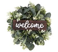 Sirxlevcy Cartello di Benvenuto con Decorazione della Porta di Ghirlanda Cartello da Appendere nel Legno con Decorazione del della Fattoria di Eucalipto Artificiale