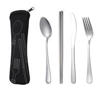 Sirxlevcy Set di 4 Pezzi di Cucchiaio, Forchetta, Coltello da Bistecca In Acciaio Inossidabile, da Viaggio Portatili con Borsa, Nero.