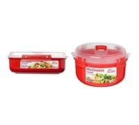 Sistema 1114 Microwave Contenitore, Polipropilene, Rettangolare, 1.25 lt, Rosso, 1.25L & Round Microwave Contenitore per Alimenti Rotondo/terrina da microonde, 915 ml