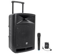 Sistema audio portatile nero 600W con Bluetooth, BoomTone DJ TRAVELSOUND12-VHF. Lettore USB, SD e Micro mano e fascia VHF inclusi. Ideale per DJ, karaoke, spettacoli di strada e feste