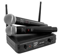 Sistema completo wireless UHF BoomToneDJ UHF DUO - 2 microfoni dinamici a mano - doppio canale, 663.5 e 682.2 MHz. Ideale per canto, discorso, karaoke, intrattenimento.