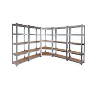 Sistema Di 5 Scaffali Metallo e MDF 1 Scaffale Angolare E 4 Scaffali Per Magazzino Alta Portata 25 Ripiani Totali Regolabili Scaffalatura Officina Garage Cantina Capannone da 4375 kg Design Modulare