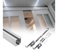 Sistema di binari per porta scorrevole con chiusura ammortizzata, silenzioso, in alluminio, con ammortizzatori, per porte interne in legno, 3,4 m, finitura argento