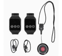 Sistema di chiamata wireless per ristoranti, ospedali e hotel, composto da 2 ricevitori a orologio e 1 cercapersone a pulsante.