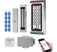 Sistema di Controllo Accessi WiFi Tuya RFID, Tastierino a Codice in Metallo IP68, Alimentatore DC12V, Serratura Elettromagnetica 180kg Finitura Spazzolata Fail Safe, Pulsante di Uscita + 10 Badge