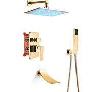 Sistema di doccia a LED Casetto con doccia in oro nascosto con vasca da doccia a cascata set combo con spruzzatore portatile e vasca a pioggia quadrata e kit di rivestimento per la doccia, tipo B, 16