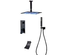 Sistema di doccia a pioggia nera termostatico LED Display Digital Display Set di rubinetti in ottone Doccia combo Scempiatura a pioggia montato con una vasca a cascata, doccia a LED, 8 pollici (10