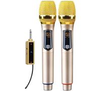 Sistema di microfoni dinamici wireless - Set cordless ricaricabile con mini ricevitore e 2 microfoni portatili con display a LED per karaoke notturno
