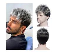 sistema di sostituzione dei capelli per uomo Parrucche sintetiche ricce corte da uomo traspiranti resistenti al calore for parrucca quotidiana da uomo Ombre ricci maschili toupet maschile(Black Grey)