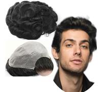 sistema di sostituzione dei capelli per uomo Parrucchino europeo for capelli umani veri for uomo 8x10 pezzi ondulati sostituzione parrucchino protesi sistema pelle PU toupet maschile(Off Black)