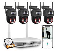 Sistema di telecamere di sicurezza NVR a 8 canali, registratore NVR di sorveglianza con 4 telecamere di sicurezza a doppia lente da 6 MP, registrazione 24/7, visione notturna a colori PTZ a 360°