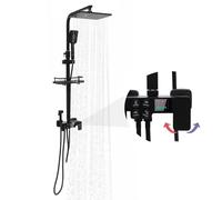 Sistema doccia a 4 tipi di getto, set completo con doccia a pioggia quadrata, doccetta manuale, pistola a spruzzo e rubinetto, set doccia con display digitale a LED, altezza regolabile 70-115 cm (nero