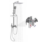 Sistema doccia a 4 tipi di getto, set completo con doccia a pioggia quadrata, doccetta manuale, pistola a spruzzo e rubinetto, set doccia con display digitale a LED, altezza regolabile 70-115 cm