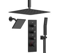 Sistema doccia a doppia pioggia nero opaco: soffione doccia a soffitto da 40,6 cm e spruzzatore portatile da 15,2 cm, set completo con valvola per un aggiornamento del bagno di lusso