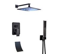 Sistema doccia a pioggia a LED, set doccia a parete in ottone con doccetta, soffione quadrato a pioggia da 20,3 cm, beccuccio per vasca, combinazione doccia nera multifunzionale