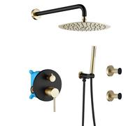 Sistema Doccia A Pioggia da 10 Pollici, Set Rubinetto Doccia, Set Doccia Portatile Nascosto con 2 Ganci Appendiabiti, Set Doccia Combinato con Rubinetto, Corpo in Ottone Nero E Oro