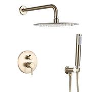 Sistema doccia a pioggia in ottone Rubinetto a ad alta pressione a parete e set combinato a testa tonda, portatile inclusa, 10 pollici(8inch)