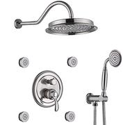 Sistema doccia a pioggia, set di rubinetti per doccia nascosti con soffione doccia a pioggia da 9 pollici e doccetta, set doccia combinato con 4 getti corporei, miscelatore per doccia, oro spazzolato