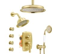 Sistema doccia anticato, doppio soffione a pioggia: 22,9 cm, montaggio a parete da 15,2 cm, con doccetta e getti per corpo, deviatore a 4 vie in ottone con kit di finitura, oro spazzolato