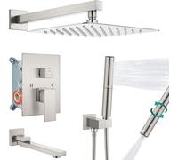 Sistema Doccia Cromato da 10 Pollici Soffione Doccia A Pioggia Set Combinato Doccia da Bagno Rubinetto A 3 Funzioni Doccia A Spruzzo Portatile 2 in 1 A Par, Brushed Nickel, Bathroom Shower System