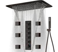 Sistema doccia in bronzo lucidato ad olio con getti del corpo e soffione doccia a pioggia da 40,6 x 61 cm, rubinetto termostatico, set completo di valvola miscelatore ruvida e kit di finiture per