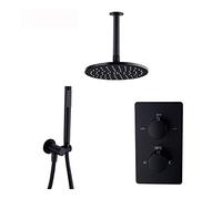 Sistema Doccia Incasso Rubinetto In Ottone Miscelatore Termostatico Set Con Soffione A Pioggia Spray Superiore, A Mano, Nero Opaco, Montaggio A Soffitto,8 Pollici(10Inch)
