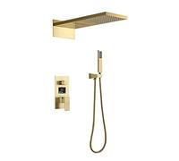 Sistema doccia, montato a parete nascondere il display digitale LED termostatico in oro spazzolato a cascata a cascata pioggia set di doccia a 2 funzioni di caduta di pioggia con doccia portatile,