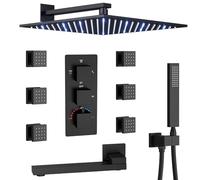Sistema doccia nero opaco - Soffione termostatico da 30,5 cm a parete con beccuccio per vasca da bagno, rubinetto a 4 vie, 6 getti per corpo e doccia portatile, accessori da bagno di lusso
