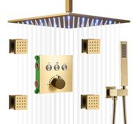 Sistema doccia Olio per olio strofinato Bronzo LED da 12 pollici Termostatico con 4 pezzi a getti a spruzzo a spruzzo a soffitto set di rubinetti montati sul corpo tutto il corpo può funzionare da