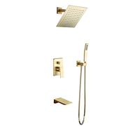 Sistema doccia oro spazzolato Set rubinetto a parete combinato a pioggia con maniglia singola e kit di finiture for soffione a da 10 pollici, spruzzatore portatile, beccuccio for vasca a cascata