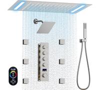 Sistema doccia per bagno con montaggio a soffitto da 35,5 x 50,8 cm, testa a parete da 20 cm e doccetta portatile, valvola a 4 funzioni con getti del corpo (nichel spazzolato)