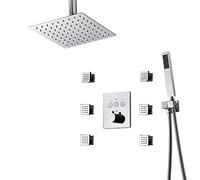 Sistema Doccia, Set Rubinetto Combinato A Pioggia Termostatico 10"Vasca Quadrata E Kit Di Rifinitura Con Spruzzatore Portatile Soffione A Montaggio A Soffitto,Body Jets 6 Pezzi,Nero(Chrome)