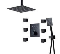 Sistema Doccia, Set Rubinetto Combinato A Pioggia Termostatico 10"Vasca Quadrata E Kit Di Rifinitura Con Spruzzatore Portatile Soffione A Montaggio A Soffitto,Body Jets 6 Pezzi,Nero(Noir)