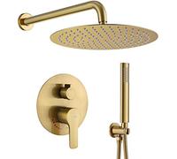 Sistema doccia, set rubinetto doccia in oro spazzolato con soffione doccia rotondo da 30,5 cm ad alta pressione con doccetta, set combinato miscelatore doccia a pioggia, montato a parete per bagno