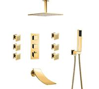 Sistema doccia termostatico con getti corporei Rubinetto doccia dorato con doccetta e soffione doccia a pioggia quadrato Set doccia combinato Kit di finitura per vasca e doccia nascosta con beccuccio