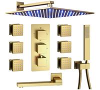 Sistema doccia termostatico oro spazzolato - Set vasca da bagno a 4 vie con soffione doccia a pioggia LED da 30,5 cm, beccuccio per vasca, 6 getti corpo e rubinetto a parete per un'esperienza completa