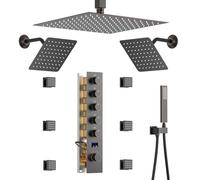 Sistema doccia triplo con getto a pioggia da 30,5 cm e getti corpo da 20,3 cm, finitura bronzo lucidato a olio, spruzzatore portatile con controllo termostatico e visualizzazione della temperatura per