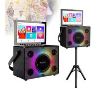 Sistema professionale per karaoke, tablet touch da 14 pollici, portatile, Bluetooth, karaoke, con 2 microfoni wireless, altoparlante pieghevole a LED a colori con batteria al litio da 10 Ah, hard disk