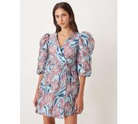 Sister Jane - Deco Bloom - Vestito corto a portafoglio blu a fiori jacquard S