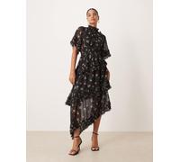 Sister Jane - Vestito lungo asimmetrico nero a fiori arricciato in vita XL