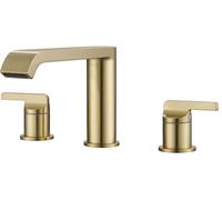 SITGES Rubinetto romano per vasca in oro spazzolato, montaggio a ponte a 3 fori in ottone massiccio con beccuccio di media altezza, doppie maniglie, costruzione resistente e linee di alimentazione