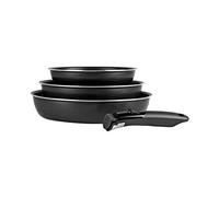 Sitram 712757 Set 3 padelle Sitramovible in alluminio pressato nero Ø20,24,28cm, rivestimento antiaderente senza PFOA, manico removibile - Tutte le fonti di calore compresa induzione, Bordo argento