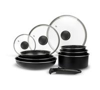 Sitram 713499 Set di Pentole e Padelle da 10 Pezzi: 3 Padelle Ø20,24,28 cm + 3 Pentole Ø16,18,20 cm + 3 Coperchi in Vetro Ø16,20,24 cm + Manico removibile, Tutte le fonti di calore compresa induzione