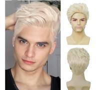 Siudus Parrucca corta bionda da uomo, capelli sintetici a strati, capelli soffici, resistenti al calore, parrucca quotidiana per uomo