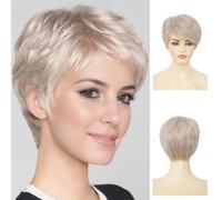 Siudus Parrucca corta da donna con taglio pixie bianco biondo con riga laterale diritta a strati parrucca capelli shaggy fibra sintetica vecchia signora parrucche per uso quotidiano