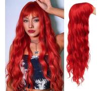 Siudus Parrucca da donna con capelli lunghi ricci rossi con frangia, ondulata, sintetica, resistente al calore, parrucca per cosplay e Halloween
