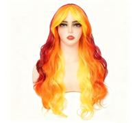 Siudus Parrucca da donna giallo arancione a rosso parrucca lunga riccia ondulata colorata centrale parrucche con bangs sintetico resistente al calore parrucca in fibra per cosplay costume Halloween