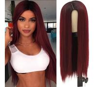 Siudus Parrucca lunga e liscia da donna, con radici scure, colore bordeaux, per cosplay, Halloween, uso quotidiano in fibra sintetica